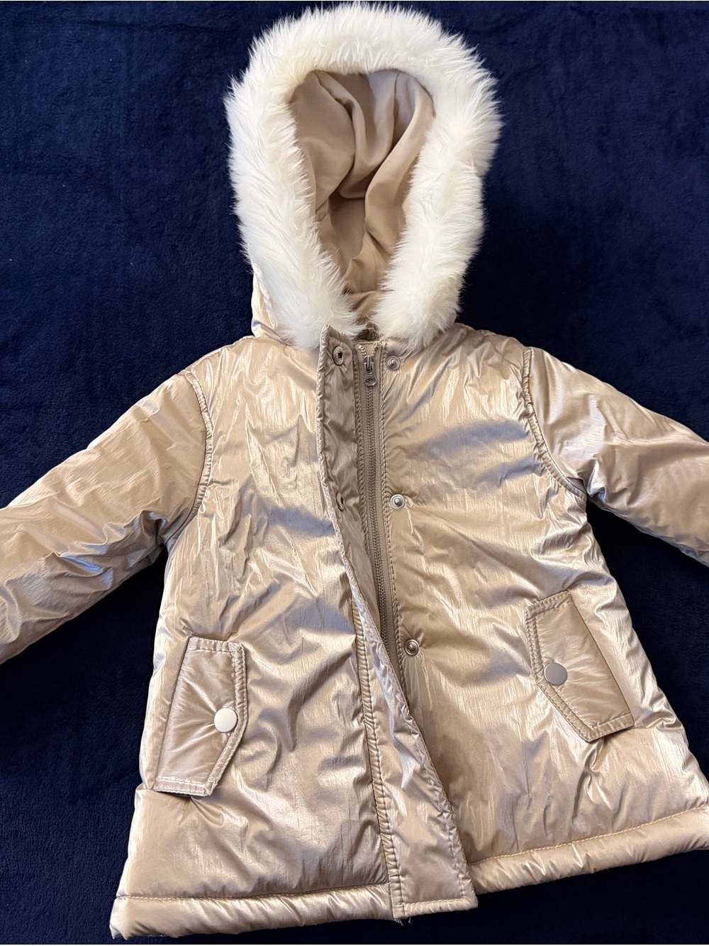 Janie and Jack Metallic Beige Hooded Puffer with Faux Fur Trim